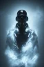 Placeholder: All black British soldier, high tech skull special forces helmet, shiny platinum helmet, white smoke, dark, rage, sorrow, high definition, ultra 8 k, volumetric lighting, blue fire, fog