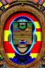 Placeholder: robot portrait in Kente, rusted clock eyes, cinematic, ghana flag, african pattern symbols, engraved, 8k quality