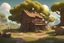 Placeholder: a single village house with two levels and a small warehouse in the back, under a big oak tree in the style of a 3d modeled point and click adventure game