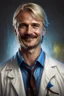 Placeholder: Mid-thirties, Caucasian male doctor, kind smile, blonde hair (slightly disheveled) blonde mustache, pale blue eyes, broad shoulders, muscular, six foot, Hawaiian shirt under white lab coat (with blood stains around the edges) , Strong Jaw line, encroaching shadowy tendrils, photo realistic, fantasy