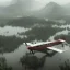 Placeholder: airplane abandoned between moutain, swamp, water, glass, fog, highly realistic, highly detailed, intricate, 8k