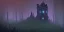 Placeholder: Ruined abandoned overgrown small castle tower in a dense coniferous forest, night, misty, atmospheric, fireflies