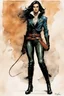 Placeholder: Create a calligraphy styled drawing of an epic fantasy Lankhmar female thief character, slim in stature, with shoulder length hair, finely lined and detailed facial features, in an fur collared leather doublet and breeches , a short oriental cloth belt at the waist, stealthy soft leather slippers, , in the comic book style of Bill Sienkiewicz, Howard Chaykin, Mike Mignola, Philippe Druillet, and Jean Giraud Moebius, precisely drawn, colored and inked,