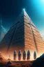 Placeholder: Egyptians with the hair standing straight up in front of pyramid of Babel. 4 k, down light, depth of field, trending art, spray paint, high detail, fantasy art, alien connection, future tech