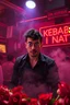 Placeholder: An spanish Guy with big eyes "Enrique" performing at dance club, his name is "Enrique" Red roses On stage, red Neon lights and smog, and "Din KEBAB I NATT" big sign on the wall