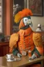 Placeholder: Half parrot half human in a 1700s Orange Dutch uniform in a Dutch cafe