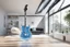 Placeholder: A lovely clear transparent resin guitar with forget-me-not design in a modern room in sunshine