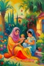 Placeholder: oriental arabic woman with child playing with each other in garden painting colorfull