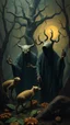 Placeholder: some mysterious figures, odd background, cinematic, Hieronymus Bosch, Max Ernst, vegetal life, rotten, ambient light, cry, ritual, surreal, animals