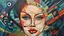 Placeholder: abstract paint from Lady in big hat , vibrant colors, folk art, non-figurative mode, style combined abstract art with dadaism, patchs, black lines, surrealism style