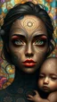 Placeholder: A digital artwork of women open her beautiful eyes with her baby adorned with intricate patterns and designs. The figure's face is covered in swirling lines, circles, and other abstract patterns in hues of mocha, navy and gold.The background is a colorful glass , with abstract patterns that complement the figure's design. The overall ambiance of the image is dreamy and surreal.