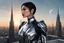 Placeholder: A slim Woman With Black shoulder length hair, Wearing a silver and black android-looking suit, standing sideways On a ledge of a building, with a moon Behind Her Head, towering spires and buildings highlighted by the setting sun