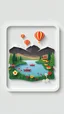 Placeholder: minimalist style -Geometric logo with strong hard light, clean lines and harsh shadows. The logo is balanced and symmetrical, inspired by a paper-cut landscape with hot air balloons, mountains, a lake, boat, trees and houses. Vector art glossy grasses and trees surround vibrant flowers. White frame, rounded top, straight bottom.