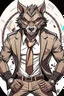 Placeholder: Buff, anthro, wolf, himbo, black fur, gold eyes, wearing a suit, full-body, muscles, strong, muscular, man boobs, bulky, tail, dark fur, smug grin, hands on hips,