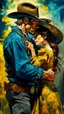Placeholder: Side profile of a cowboy with her aspirations behind her standing . Holding her man hugging with love and romance,Opulent Van Gohn style painting, Busch painting style nightmare
