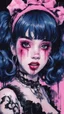 Placeholder: Poster in two gradually, a one side malevolent goth vampire girl face and other side the Singer Melanie Martinez face, full body, painting by Yoji Shinkawa, darkblue and pink tones,