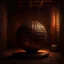 Placeholder: Create an image of old copper sphere with strange runes in side a temple with dim light of fire torch on the wall in the background