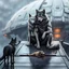 Placeholder: digital art front in picture an of little dark dog like creature stands and looking an anthropomorphic wolf couple sitting on the spaceship's ramp close together, the pale gray female wolf sits behind stong male wolf and puts one paw on the dark gray wolfman's shoulder, raini day, on ramp a little piece of meat lies down, high contrast, high detalied, high realistic, in background detail of a spaceship is visible. Rain, The atmosphere is a seamless blend of sci-fi and dark fantasy mood, digita