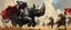 Placeholder: knights and lances tournament, horses hit hard, oil and airbrush, epic fantasy illustration, black giant on rhino with steel gauntlets, scared knights and women