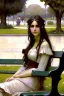 Placeholder: Woman happy sitting on a park bench. John William Waterhouse