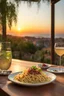 Placeholder: Create a realistic photograph of spaghetti carbonara with a glass of wine on a table in a small Italian restaurant at sunset.