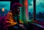 Placeholder: NaN Goldin style dedicated beautiful a dreaming young beard colored punk guy sits and looks out of the livingroom window, stormy Day, neon pop '80s oil paint-style raw-in Blade Runner living room- by Stanley Kubrick