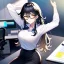 Placeholder: Clear focus, 8k, high quality, detailed, beautiful lighting, girl, vibrant colors, black long hair, vibrant golden eyes, office clothes, glasses, messy hair, sitting down, stretching,