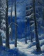 Placeholder: A dark blue winter forest with falling snowflakes painted by Claude Monet