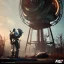 Placeholder: fallout 4 character, huge windmill with axes in the streets of cyberpunk city filling up car, gaz station, unreal, spray paint, clay, vox model