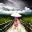 Placeholder: view from behind of japanese girl with bamboo umbrella looking up a break of white clouds and sunlight in the middle of a stormy sky, wooden walkway, ocean, 8k, high-quality, ultrafine-detail, intricate, digital painting, brian froud, howard lyon, selina french, anna dittmann, annie stokes, Greg Rutowski