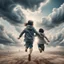 Placeholder: Hyper Realistic Aerial Back View Of Lots Of Children (Male Female Both Children Wearing Keffiyeh) Happily Running Towards Heaven On Sky At Cloudy-Day Environment Showing Dramatic & Cinematic Ambiance.