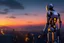Placeholder: Humanoid-looking robot, standing and looking out over an alien town skyline at dusk