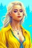 Placeholder: pretty girl, blonde, conventionally attractive, bright clothes, realism, dreamy, tight top, strong, adventure