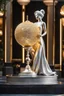 Placeholder: A magnificent golden and silver heart-shaped sign adorned with a stunning golden sphere encrusted with sparkling diamond clusters at its center, elegantly spinning in position,a girl statue standing pose