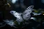 Placeholder: diaphanous transparent light butterfly with glowing center on dark grey leaves, ethereal, otherwordly, cinematic postprocessing, bokeh, dof