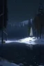 Placeholder: nintedo 64 graphics winter forest at night next to frozen lake with snow falling