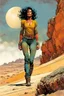 Placeholder: create a fine art print full body illustration of a rugged gritty, roughly textured Fremen female with highly detailed feminine facial features, traversing a a rocky outcrop amidst the desert sands of Arrakis, dusty, gritty, in the comic book art style of Bill Sienkiewicz, and Jean Giraud Moebius, finely textured, drawn, colored, and inked,