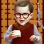 Placeholder: Peter billingsley chubby kid Tortoise-shell glasses, Holding a ((dark red soap bar)) in his hand, brown argyle sweater, no Soapwrapper