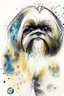 Placeholder: Abstract wet watercolour of a Shih tzu ink lines, interlinked circles,detailed focus on eyes