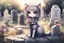 Placeholder: cute chibi cat girl in the graveyard, sadly sitting next to a grave, flowers in her hand in sunshine, melting watercolor and black ink outlines on wet paper, shading colors, soft strokes, ethereal, otherwordly, cinematic postprocessing, bokeh, dof