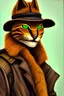 Placeholder: Portrait of an anthro tabaxi adventurer with green eyes and golden-brown fur, solo, pinup, wearing a leather jacket over a khaki shirt and trousers, and a fedora, beautiful realistic eyes, male, solo, canvas painting, shiny eyes, warm colors, realistic Rembrandt lighting