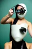 Placeholder: Cyber-punk style random-mask. Large fencing mask covers cheeks. Trim girls. Reflective white plastic skin. Camera lenses as eyes. Head full of integrated old-fashioned cameras. Golden to cyan surfaces body, latex. Perfect body, thick thighs and calves. Asa Akira. SElfie with old-fashioned cameras in both hands. Wide hip, skirt bleats nicely. Camera at mons veneris. Partly symmetrical. Cameras hanging on wide plastic belt. Euclidean 3D-tiling walls. minimalism. surveillance cameras in head