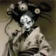 Placeholder: zombie geisha with pale cracked skin wearing a gas mask, baroque, macabre grim illustration, by Stephen Gammell