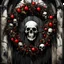 Placeholder: Macabre Dark Shines Christmas Wreath hanging on gothic church door, surreal horror art, by Stephen Gammell, by Salvador Dali, by Dave McKean, stylish, melting acrylic, vivid Christmas colors, asymmetric, macabre creepy composition, visceral textures, deep shadows, dead garland and holly and skull ornaments, decay rot dystopia, by Russ Mills, the Christmas bells have stopped ringing