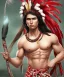 Placeholder: Guaicaipuro, native american god warrior, long black hair, big muscles, red feathers headdress, shirtless, holding a stone tip spear