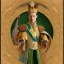 Placeholder: King wears garments of fine green silk, and gold embroidery. And adorned with bracelets of silver,