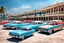 Placeholder: Fotorealistisch Parkplatz an der Promenade von Havanna vollgeparkt mit Chevrolet Impalas von 1959 und 1960, Chevrolet Nomad von 1957, Chevrolet Bel Air von 1954 und 1955, Ford Fairlane, Pontiac Safari, Buick Roadmaster, De Soto Fireflyte, allesamt mehr oder weniger heruntergekommen in prallem Sonnenlicht, im Hintergrund das Meer