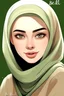 Placeholder: Simple drawing, Blonde, Green eyes, blonde eyebrows ، wearingg a hijab a ، write Bella signature Bella, cartoon style, color flat