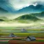 Placeholder: incredible, stunning japanese rice fields with wood shanties, mountains in the distance, colorful morning sky and mist, 8k, high-quality, ultrafine-detail, intricate, detailed matte, digital painting, artwork, brian froud, howard lyon, selina french, anna dittman, Wajima Ishikawa, Greg Rutowski