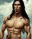 Placeholder: native american warrior, long black hair, big muscles, face up, mouth wide open, scream face, shirtless, looking to the sky